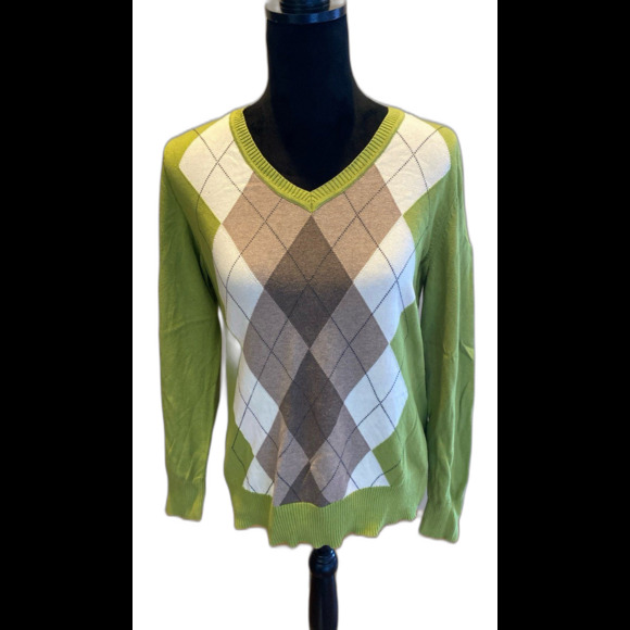 St John’s Bay Argyle Green Women’s Sweater Size Large 97% Cotton V Neck - Picture 2 of 9